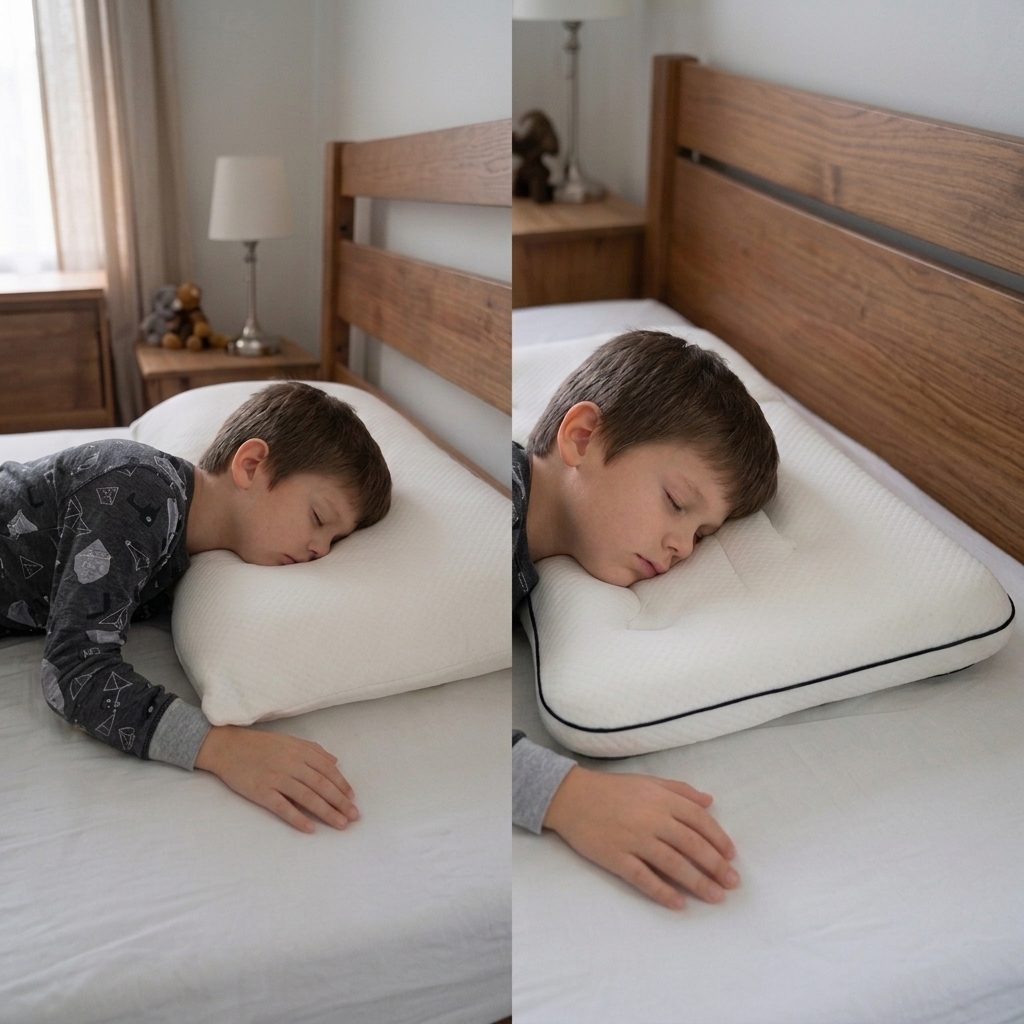 A child asleep with their head in the centre of the Noreli pillow
