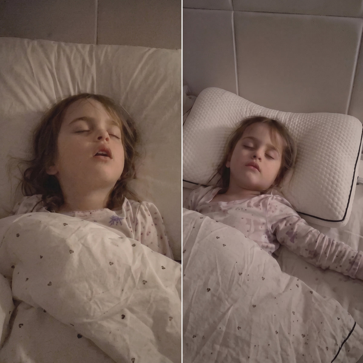 A sleeping child with their head resting in the centre of the Noreli pillow