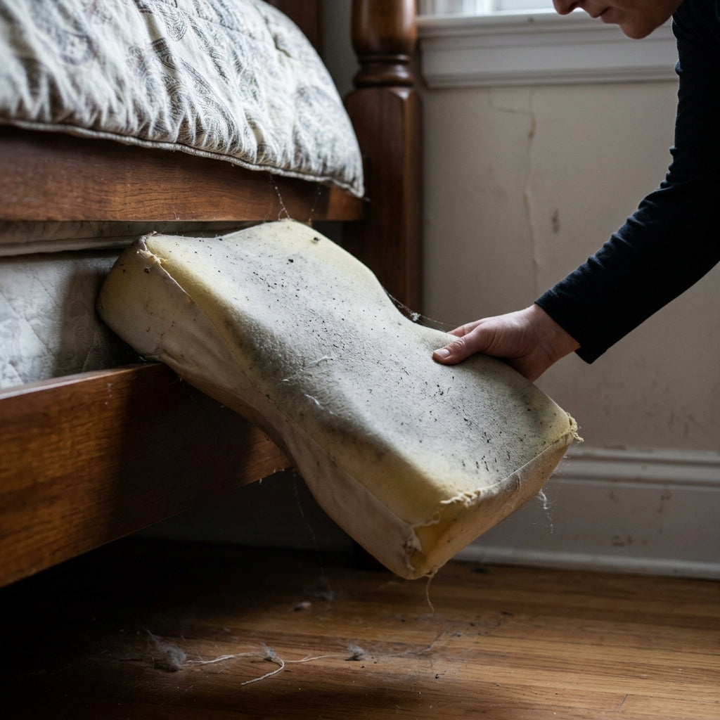 Dusty old foam knee pillow being pulled out from behind the bed