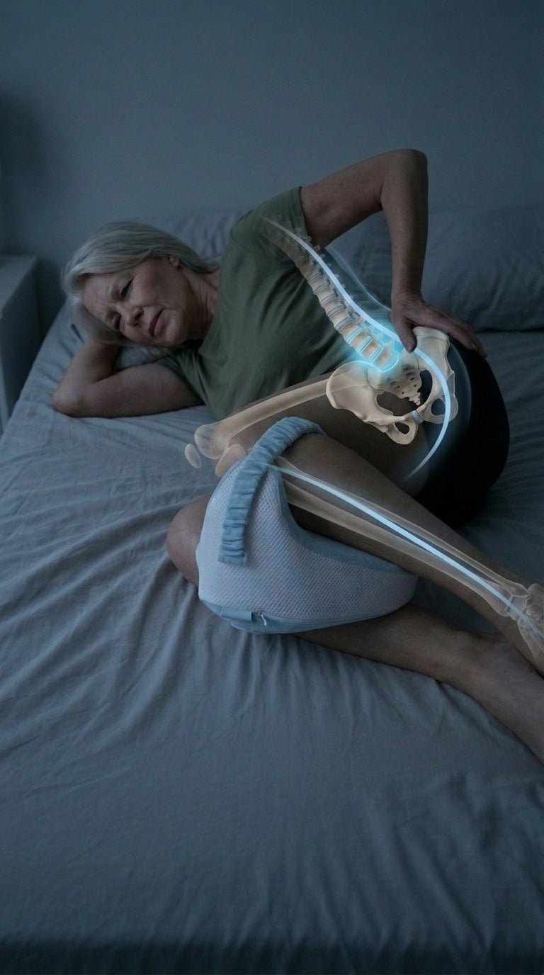 A side sleeper in bed with a Noreli pillow strapped above the knee, with the spine, pelvis and leg bones illustrated to show the top leg held level with the hip.